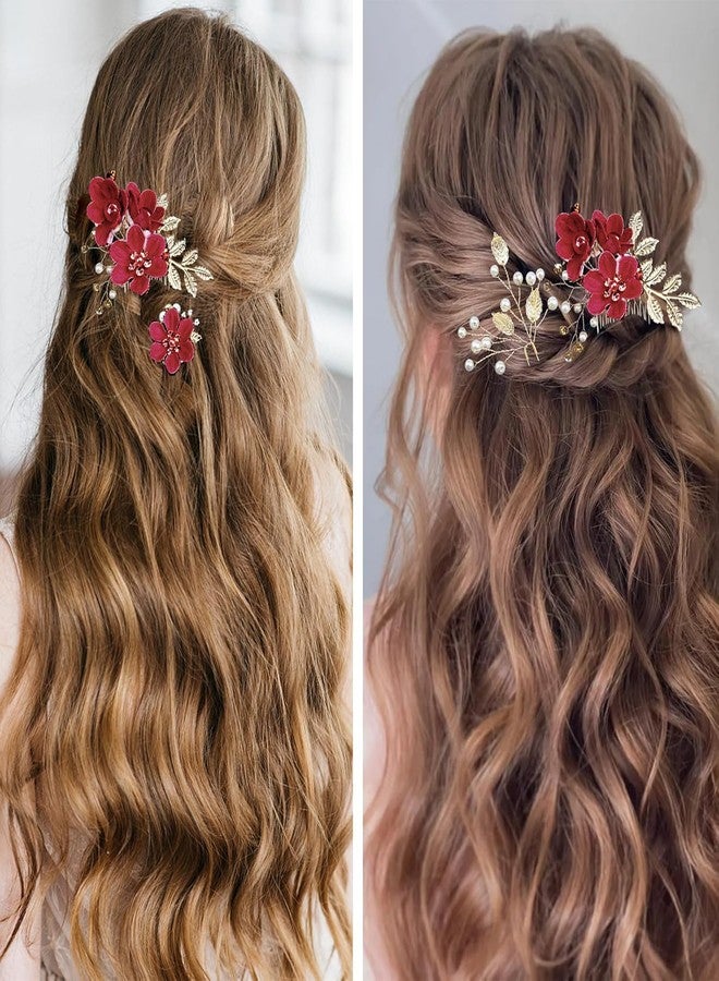 لابوهي قطع من دبابيس الشعر للعرائس مع لؤلؤ كريستالي، وإكسسوارات شعر مرصعة بأحجار الراين لتسريحات الشعر المرفوعة للعرائس ووصيفات الشرف والنساء - إكسسوارات مجوهرات الزفاف الذهبية (أحمر) - Image 4